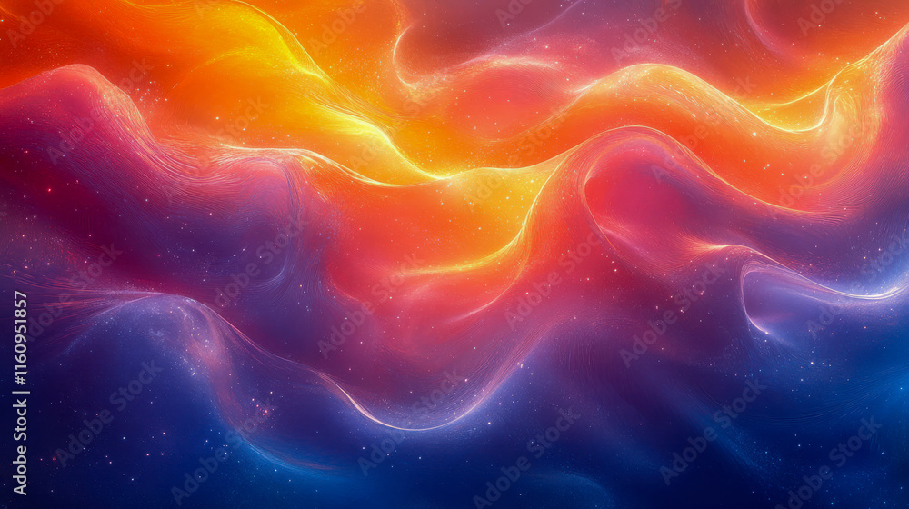 Poster vibrant swirls of colorful light, blending seamlessly in an abstract design resembling flowing cosmi
