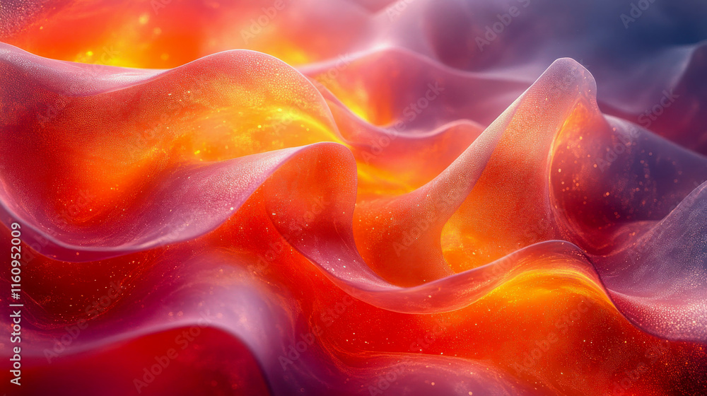 Poster a close-up view of fluid, fabric-like waves in red and orange hues with sparkling details, evoking w