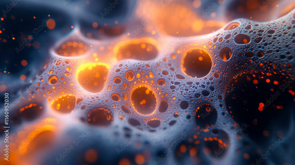 Poster illuminated orange bubbles with intricate details against a dark background, creating a captivating 