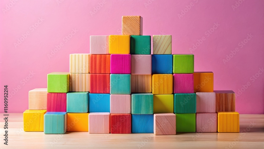 Aufkleber A Colorful Stack of Wooden Building Blocks in a Pyramidal Shape on a Light Wooden Tabletop Against a Pink Background