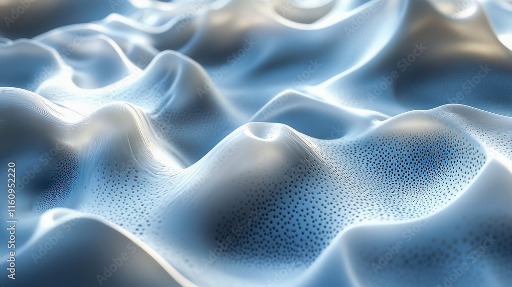 Poster minimalist blue and white undulating surface with perforated patterns resembling serene ocean waves 