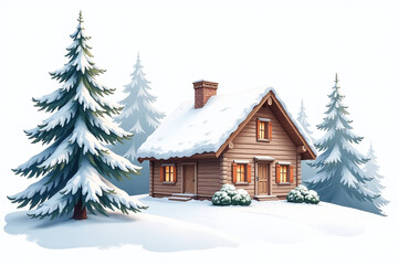 isolated winter cottage art piece featuring snowy pine trees pastel hues pure white background soft watercolor style