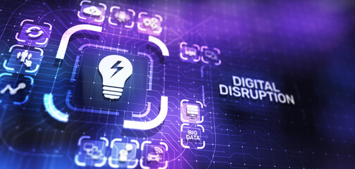 Digital Disruption. Disruptive business ideas. IOT internet of things, network, smart city and machines, big data, cloud, analytics, web-scale IT, Artificial intelligence, AI.