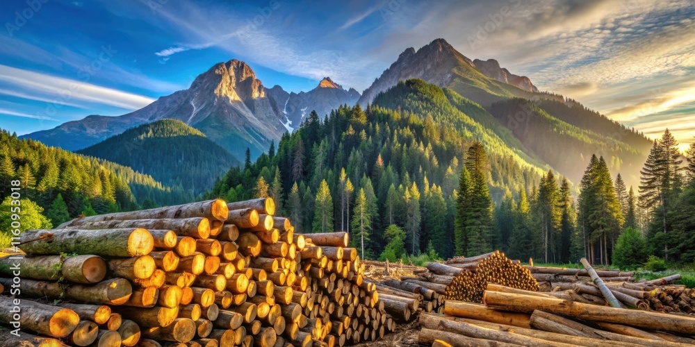 Poster a stack of logs in a forest clearing, bathed in the warm glow of the setting sun, with a mountain ra