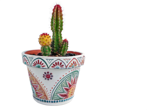 Handpainted Cactus Pot Vibrant Floral Mandala Design