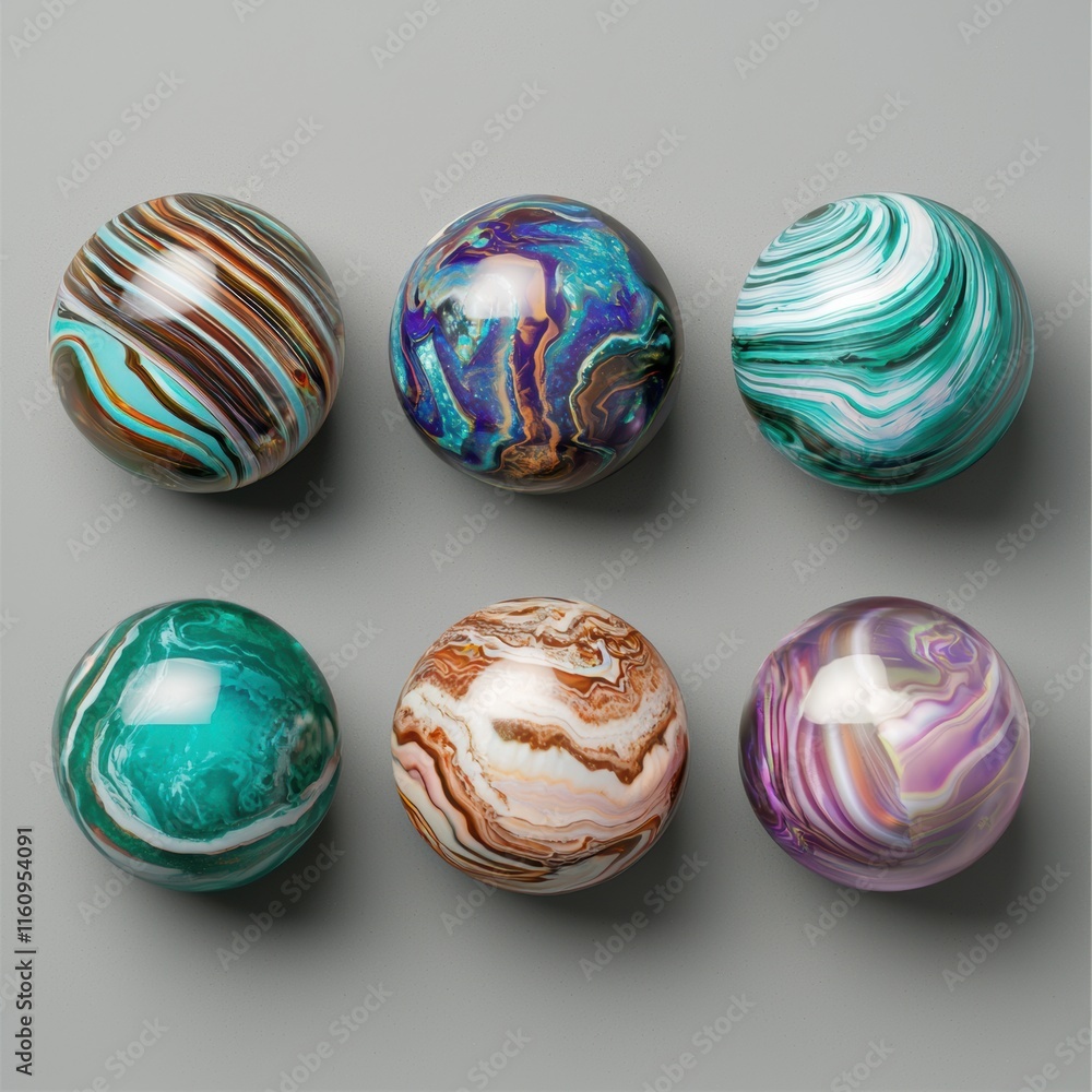 Poster colorful swirled marbles display in various textures and patterns