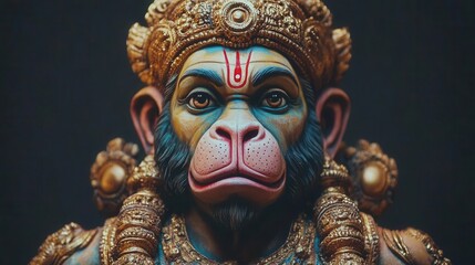Fototapeta premium traditional hindu art portrait of lord hanuman with ornate details and sacred symbols in vibrant colors and gold accents