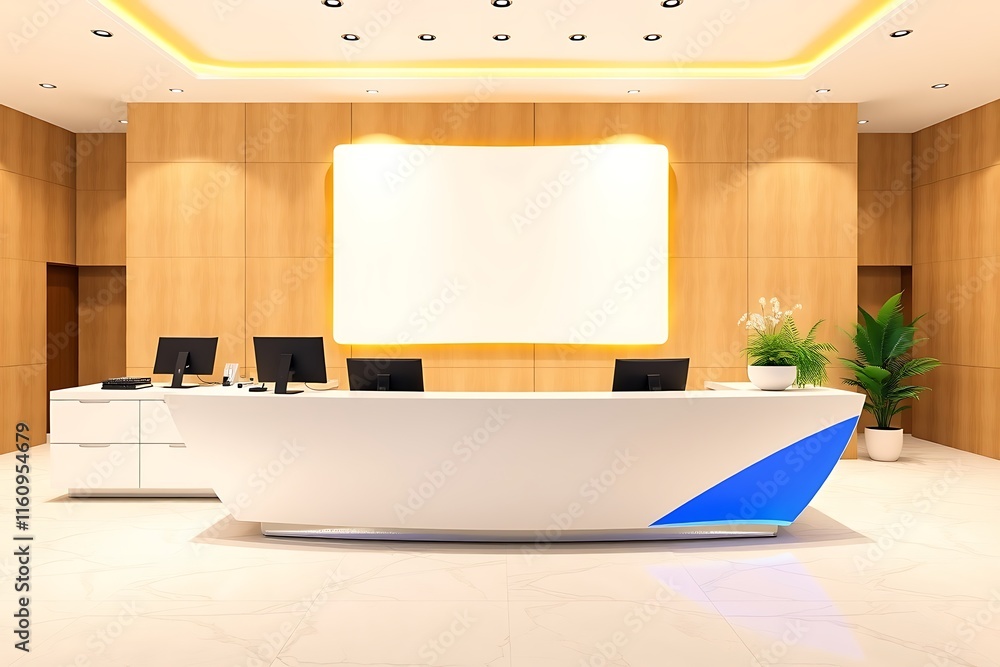 Poster modern reception desk with blank canvas: a sleek and contemporary reception desk with a blank canvas