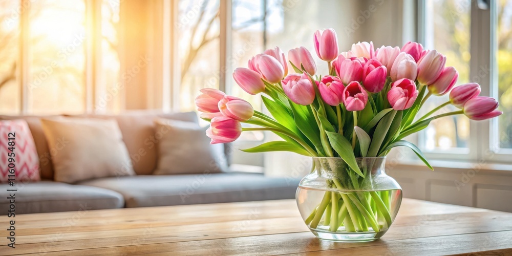 Poster Pink Tulips in a Vase on a Wooden Table with Blurred Background of a Sofa and Window