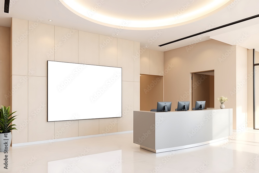 Poster modern lobby reception area with blank canvas: a sleek and minimalist reception area with a large bl