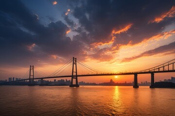 Obraz premium sunset over the water with a bridge and a city in the background