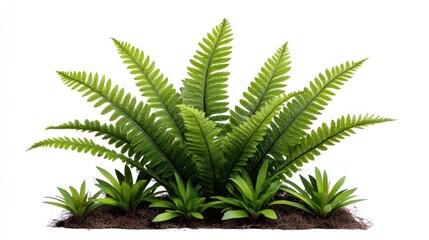 Lush green ferns and small plants arranged with soil.