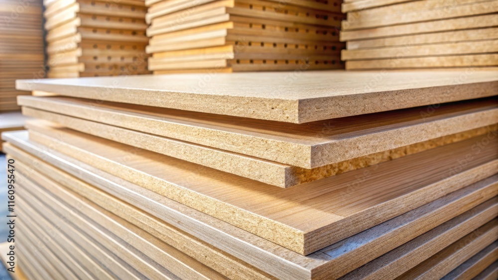 Poster a stack of particleboard sheets, the edges of the sheets revealing the layers of compressed wood chi