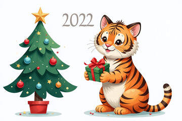 new year tiger cat holds gifts near christmas tree white background symbol watercolor style