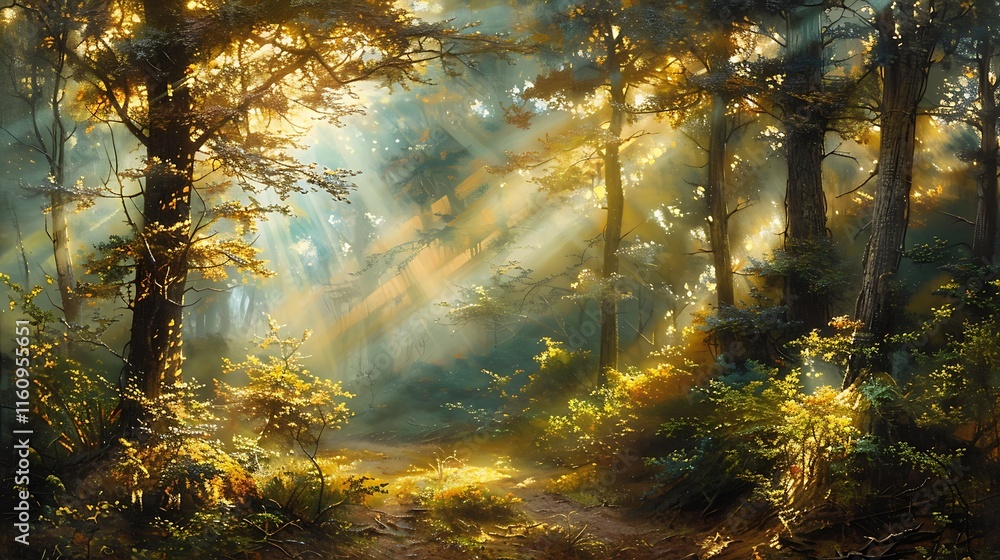 Poster sunlight streams through a dense forest, illuminating a path and creating a magical atmosphere amids