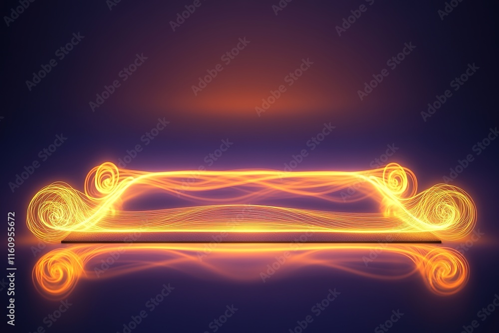 Poster glowing yoga mat outline created with swirling light trails displayed on smooth dark gradient backgr