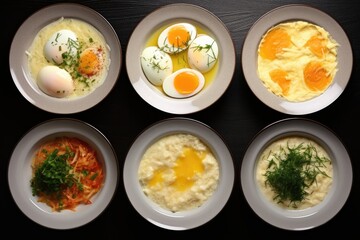 Different methods of preparing chicken eggs including omelette poached soft boiled hard boiled fried scrambled eggs viewed from above and close up