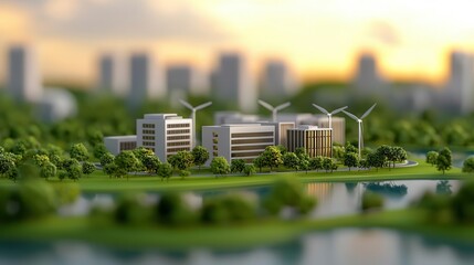 Renewable energy park, wind turbines and solar farms next to corporate offices, 3D illustration