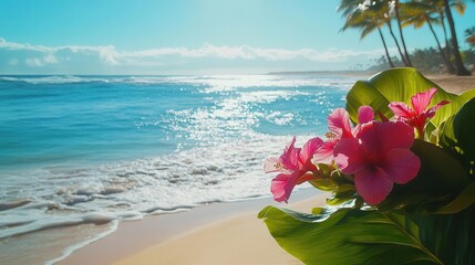 tropical paradise beach vacation scene with turquoise ocean waves, white sand, palm trees and clear blue sky perfect for summer getaway