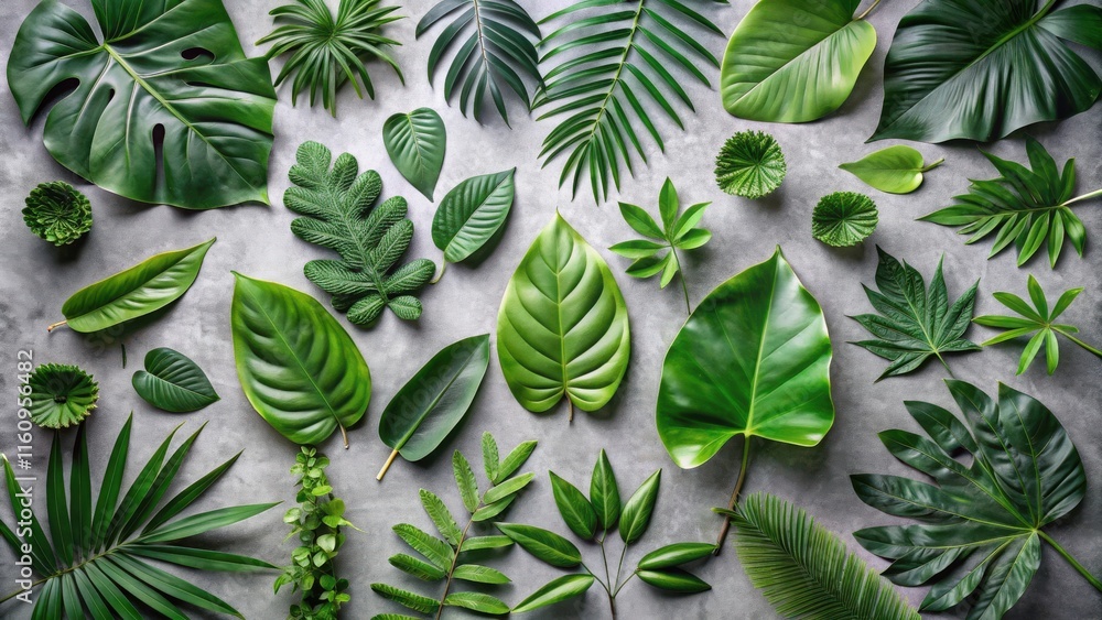 Poster A collection of diverse green leaves arranged in a symmetrical pattern on a grey background.