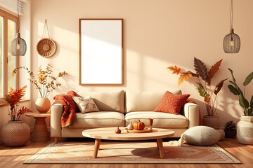 Cozy Autumn Living Room:  A warm and inviting living room interior with a cozy beige sofa, rustic wooden coffee table and autumnal decor.