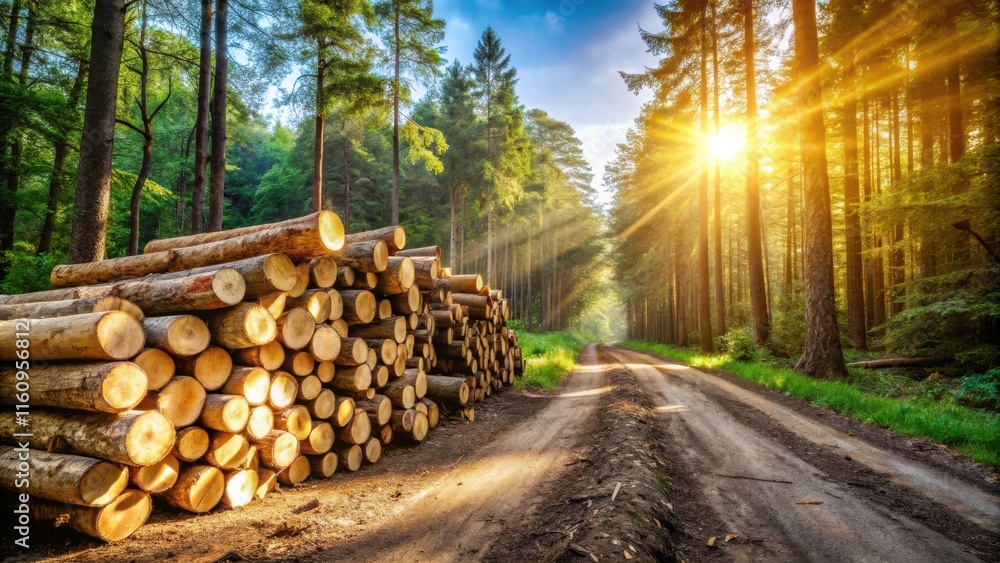 Poster golden sunlight illuminates a forest path leading through a grove of tall trees, with a stack of cut