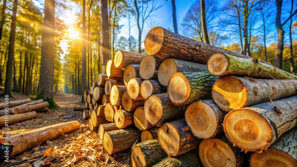 Poster a stack of freshly cut logs in an autumn forest, bathed in the warm glow of the setting sun, showcas
