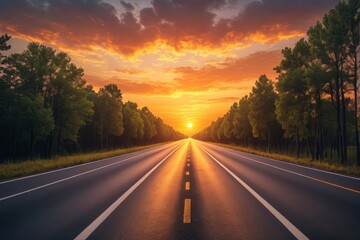 Naklejka premium arafed road with trees and a sunset in the background