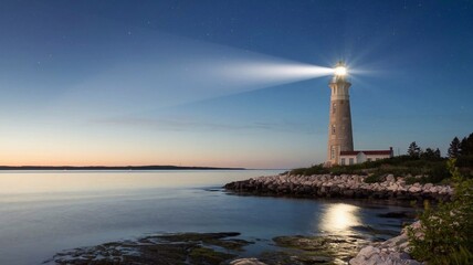 Fototapeta premium Divine Light, Beacon of Hope. A lighthouse shining brightly over calm summer waters, symbolizing guidance and divine presence.