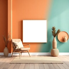 Modern Living Room Interior Mockup:  A minimalist living room with a single armchair, a square frame, and a vase with pampas grass, all against a two-toned wall.