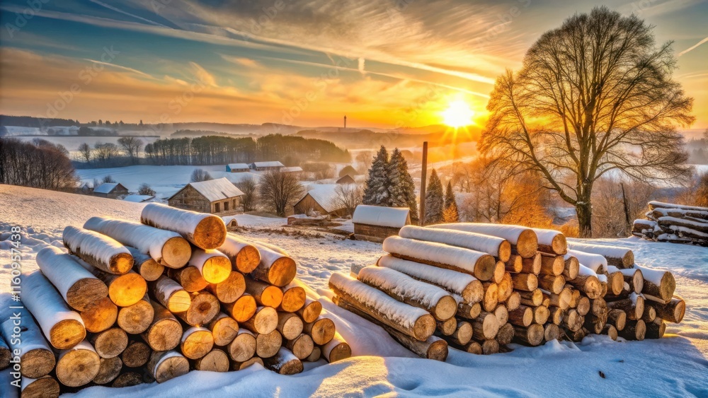 Poster a snowy winter landscape with stacks of logs illuminated by the golden glow of a setting sun, castin