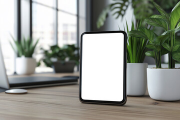 Modern workspace featuring a blank smartphone screen mockup amidst greenery and minimalistic design