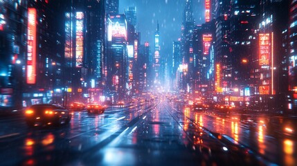 Obraz premium Cyberpunk Cityscape: Neon Rain