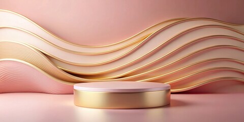 Obraz premium A single, circular, golden podium rests on a pink surface, surrounded by a background of wavy, pink and gold abstract lines.