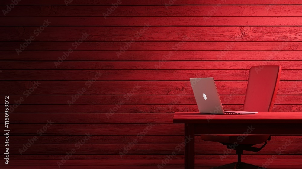 Poster a modern and minimalist red wooden boardroom setting featuring a sleek desk with a laptop computer c