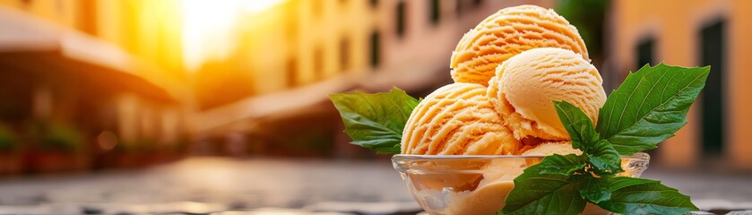 Tamarind ice cream scoops in a glass bowl, set in an Italian piazza with cobblestone streets and gelato shops