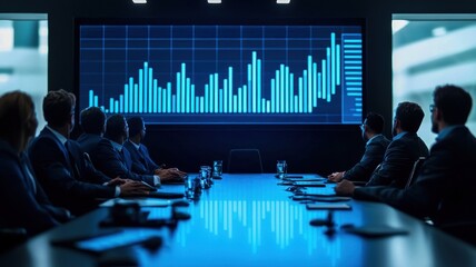 A team of professionals analyzing financial data during a corporate meeting in a modern boardroom.