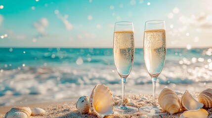 A bottle of champagne and two glasses on the sand with seashells, against the backdrop of the ocean and blue sky. copy space