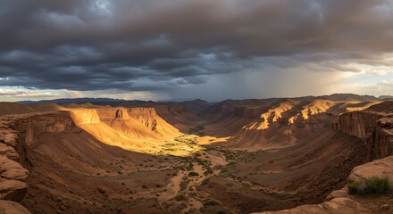 Fototapeta premium Dramatic canyon landscape. Golden hour sunlight in desert valley. Stormy clouds. Mountains.