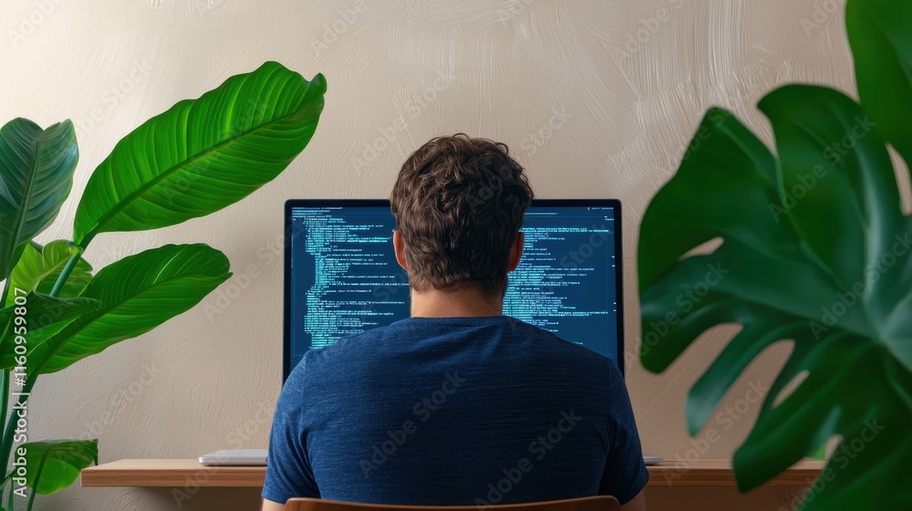 Poster entrepreneurs coding in a sleek workspace with screen displays for software development and technolo