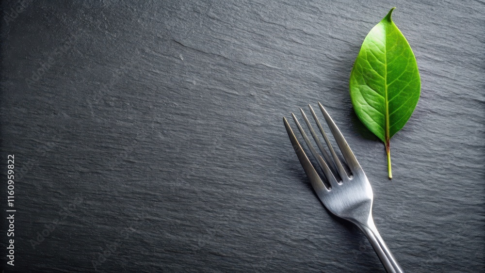 Poster a fork resting on a black stone surface, a single leaf sitting beside it, symbolizing the connection