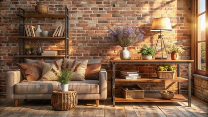 A cozy living room with a plush couch, brick wall, wooden shelves, a lamp, and a window allowing natural light to illuminate the space