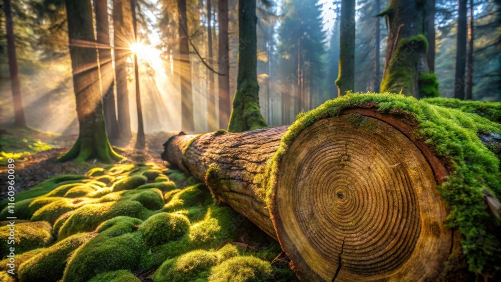 Aufkleber sunlight filters through the dense forest canopy, illuminating a moss-covered log, revealing the int