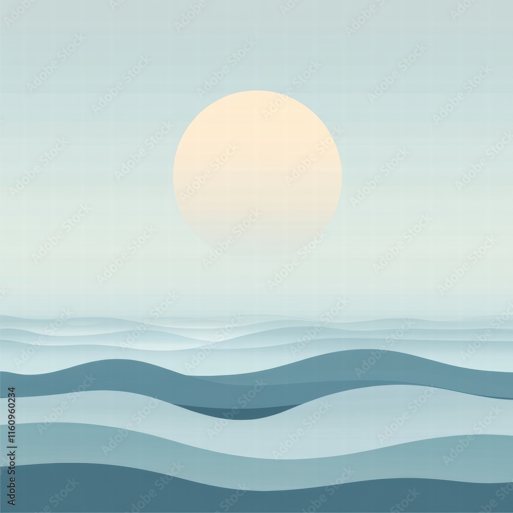 Poster stylized horizon line with sun and soft waves creates a serene backdrop for personal or promotional 