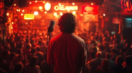 Obraz premium Singer performing on stage, crowd in background.