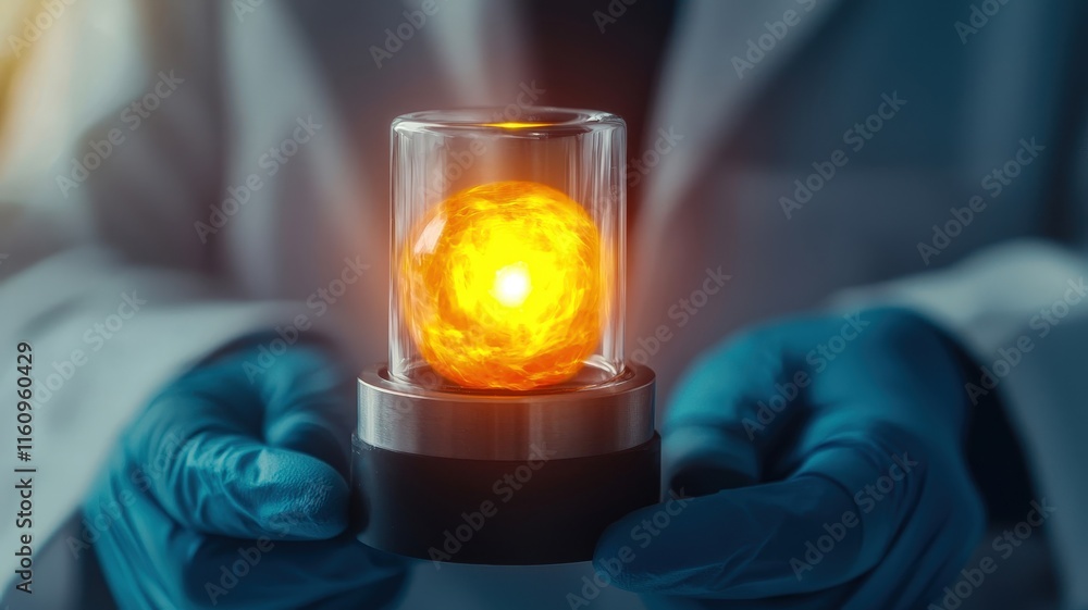Poster a scientist in a lab coat observing a miniature fusion experiment in a laboratory setting.