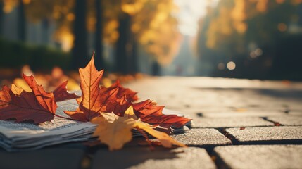 Obraz premium Colorful Autumn Leaves on Cobblestone Pathway with Newspaper