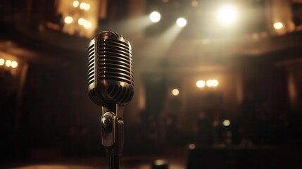 vintage microphone on empty stage with dramatic spotlight and blurred theater audience silhouettes in background, live performance atmosphere
