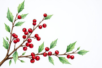 Obraz premium red berries adorn festive watercolor twigs green leaves holiday