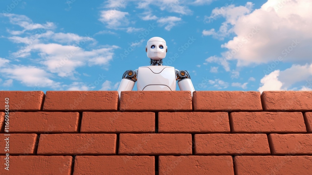 Poster robotic construction worker stands atop a brick wall overseeing the automated assembly of the struct
